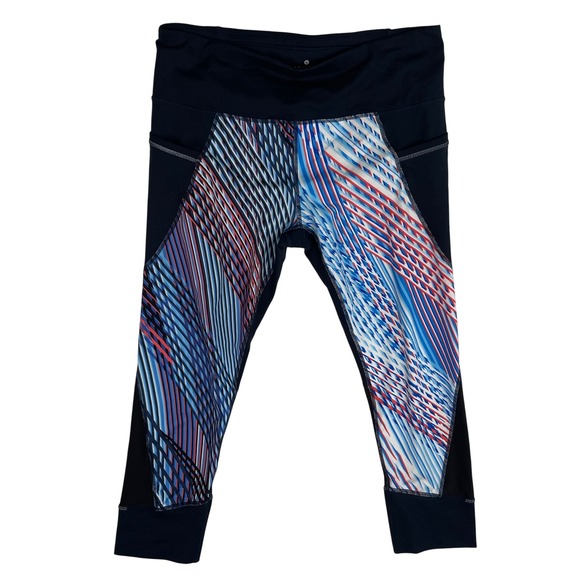 Athleta Women's Blue Red Print Mesh Accelerate Capri Leggings Size Large 30W - Picture 1 of 7
